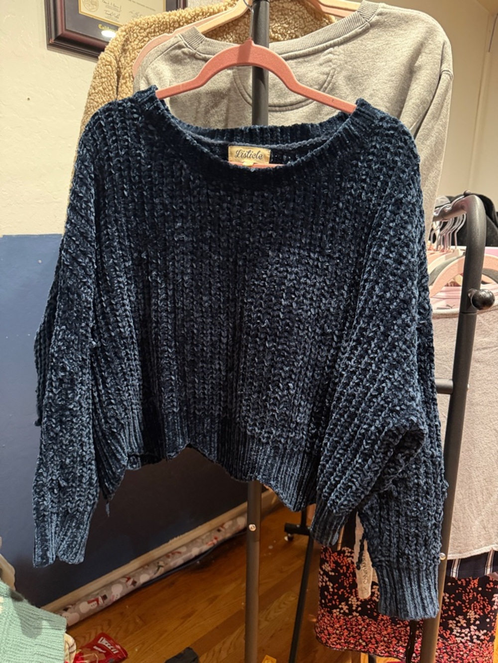 Listicle Navy Chenille Boxy Crewneck Sweater